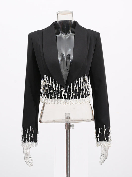 Beaded Tassel Blazer Jacket For Women - Fringe Cropped Shawl Lapel Black Party Coat - Spring Evening 2026