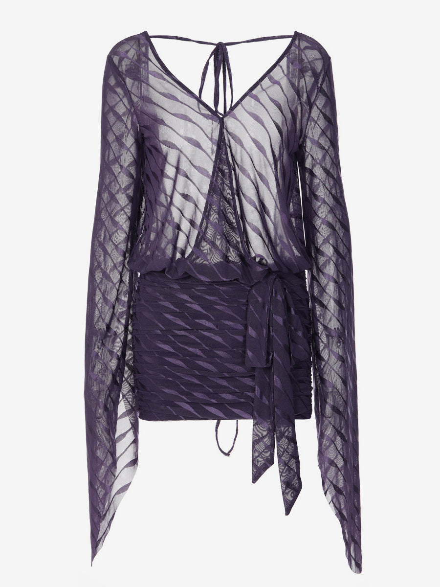 Backless Sheer Mini Dress For Women - Sexy V Neck Tie Front Long Sleeves Ruched Bodycon - Summer Night Out Club Party 2026