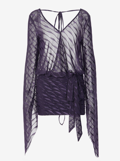 Backless Sheer Mini Dress For Women - Sexy V Neck Tie Front Long Sleeves Ruched Bodycon - Summer Night Out Club Party 2026