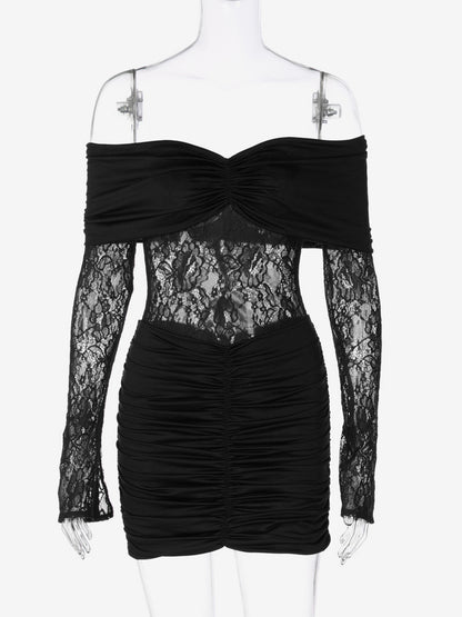 Lace Patchwork Bodycon Dress For Women - Off Shoulder Long Sleeve Ruched Sexy Mini Gown - Spring Night Out Clubwear 2026
