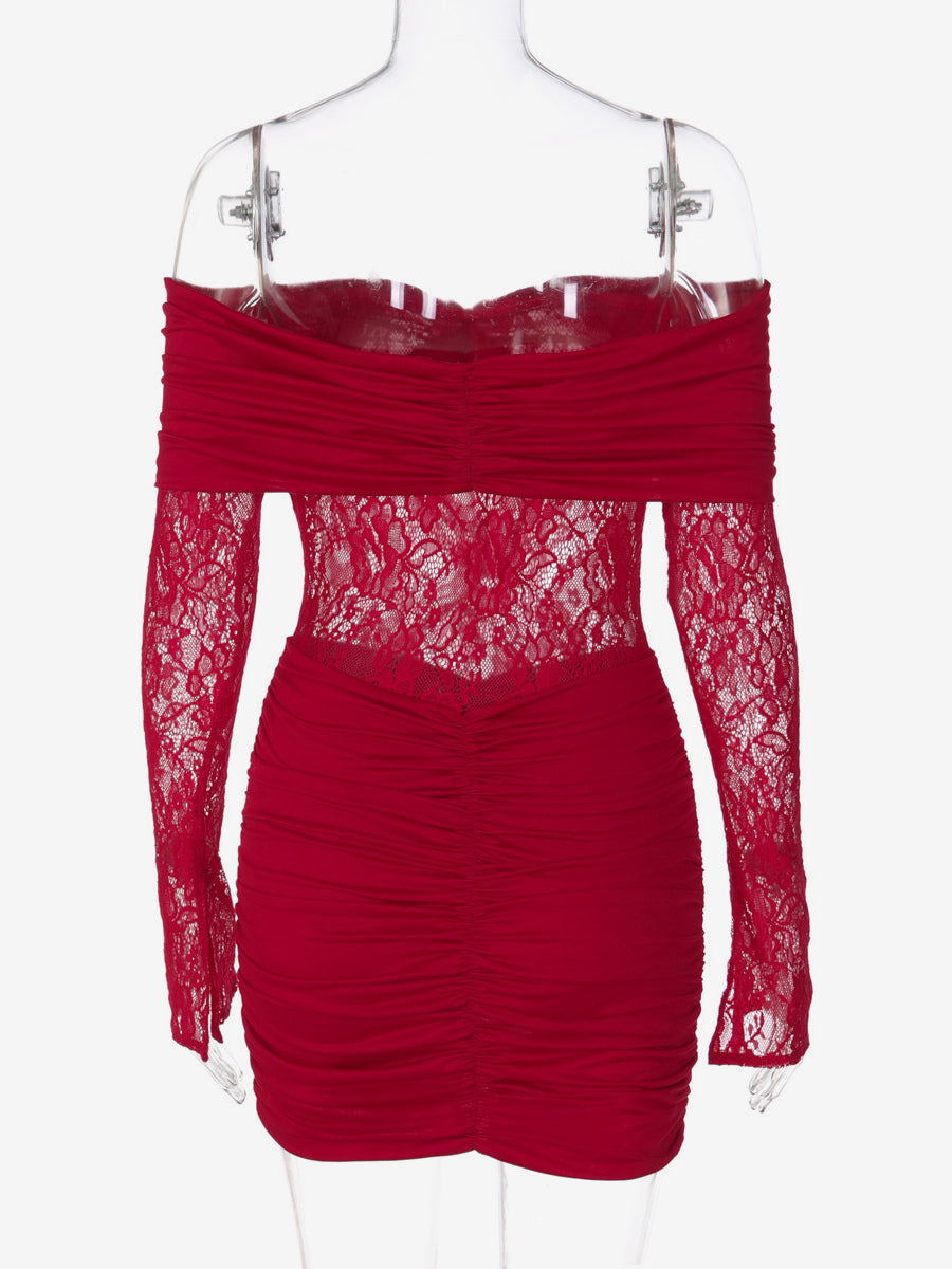 Lace Patchwork Bodycon Dress For Women - Off Shoulder Long Sleeve Ruched Sexy Mini Gown - Spring Night Out Clubwear 2026