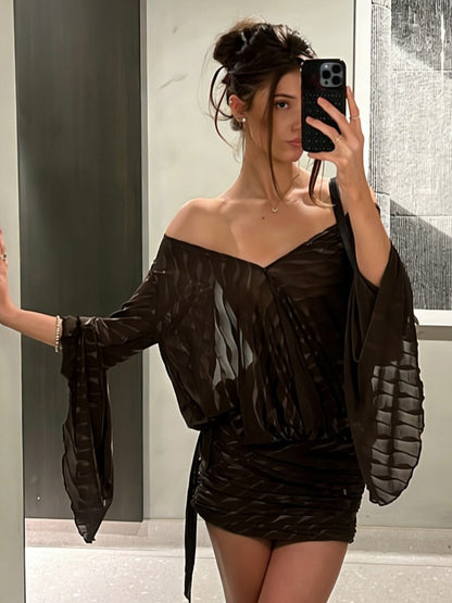 Backless Sheer Mini Dress For Women - Sexy V Neck Tie Front Long Sleeves Ruched Bodycon - Summer Night Out Club Party 2026