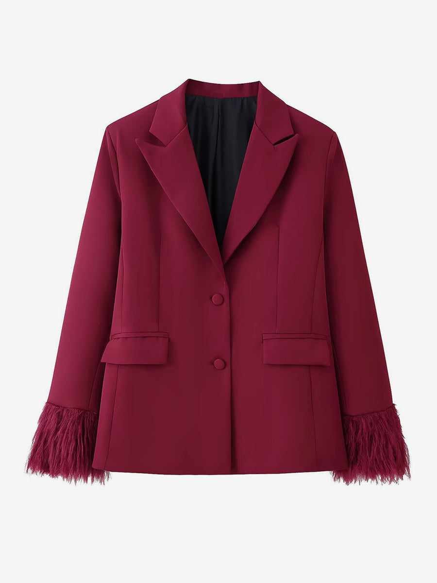 Feather Cuff 2 Piece Suit Set For Women - Red Elegant Blazer And Straight Leg Pants Co-ord- Spring Business Party Outfit 2026