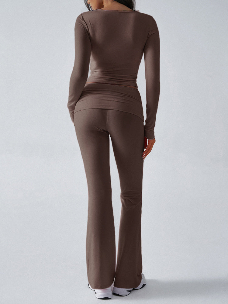 Long Sleeve Two Piece Outfits For Women - V Neck Slim Fit Crop Top And Flared Pants Yoga Set - Spring Gym Lounge 2026