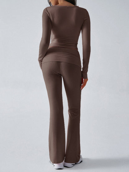 Long Sleeve Two Piece Outfits For Women - V Neck Slim Fit Crop Top And Flared Pants Yoga Set - Spring Gym Lounge 2026