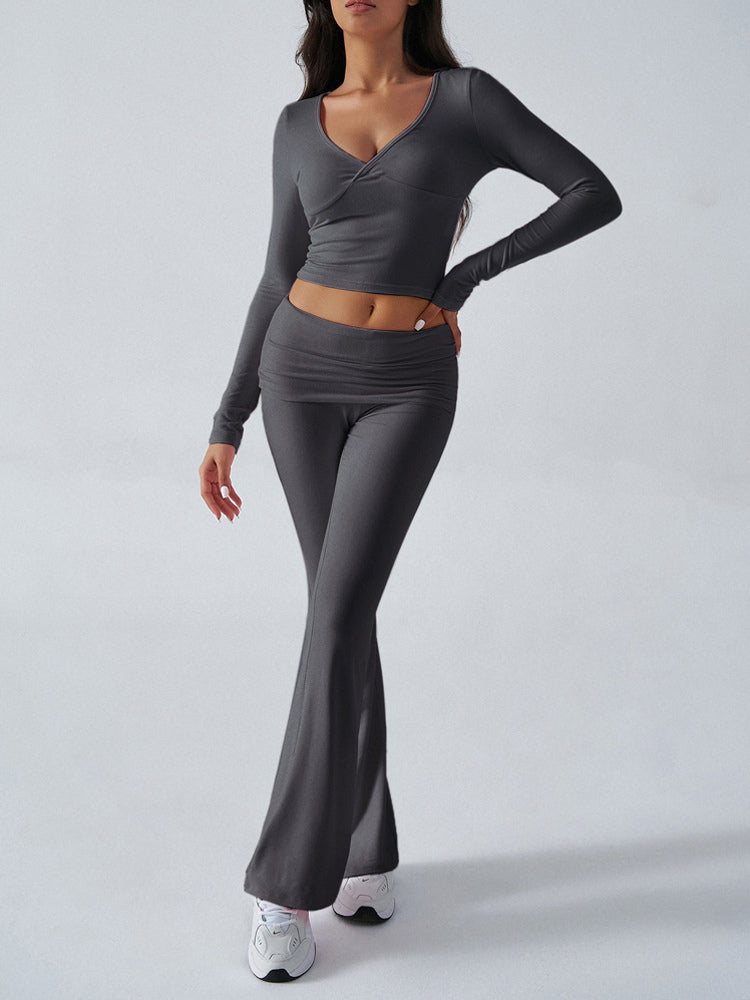 Long Sleeve Two Piece Outfits For Women - V Neck Slim Fit Crop Top And Flared Pants Yoga Set - Spring Gym Lounge 2026