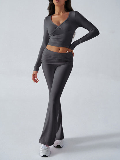 Long Sleeve Two Piece Outfits For Women - V Neck Slim Fit Crop Top And Flared Pants Yoga Set - Spring Gym Lounge 2026