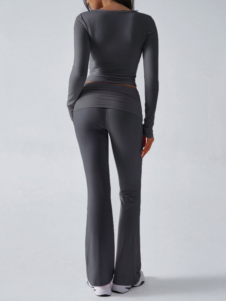 Long Sleeve Two Piece Outfits For Women - V Neck Slim Fit Crop Top And Flared Pants Yoga Set - Spring Gym Lounge 2026