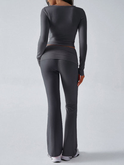Long Sleeve Two Piece Outfits For Women - V Neck Slim Fit Crop Top And Flared Pants Yoga Set - Spring Gym Lounge 2026