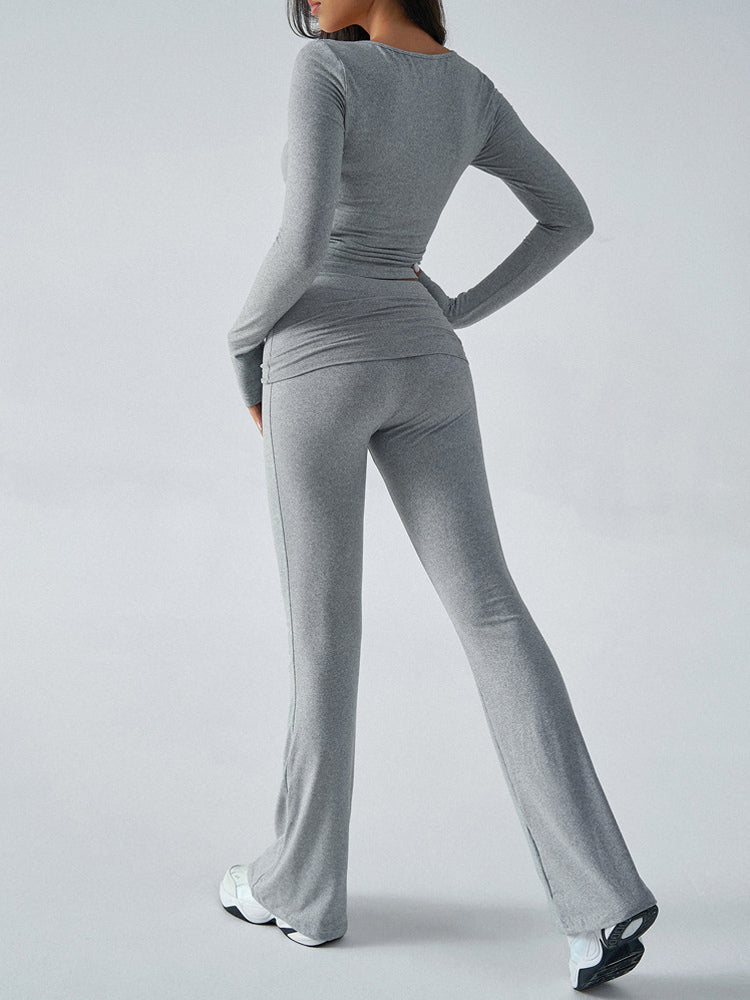 Long Sleeve Two Piece Outfits For Women - V Neck Slim Fit Crop Top And Flared Pants Yoga Set - Spring Gym Lounge 2026