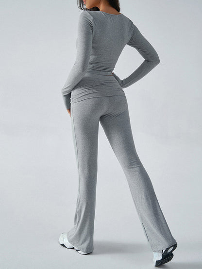 Long Sleeve Two Piece Outfits For Women - V Neck Slim Fit Crop Top And Flared Pants Yoga Set - Spring Gym Lounge 2026