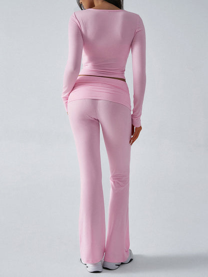 Long Sleeve Two Piece Outfits For Women - V Neck Slim Fit Crop Top And Flared Pants Yoga Set - Spring Gym Lounge 2026