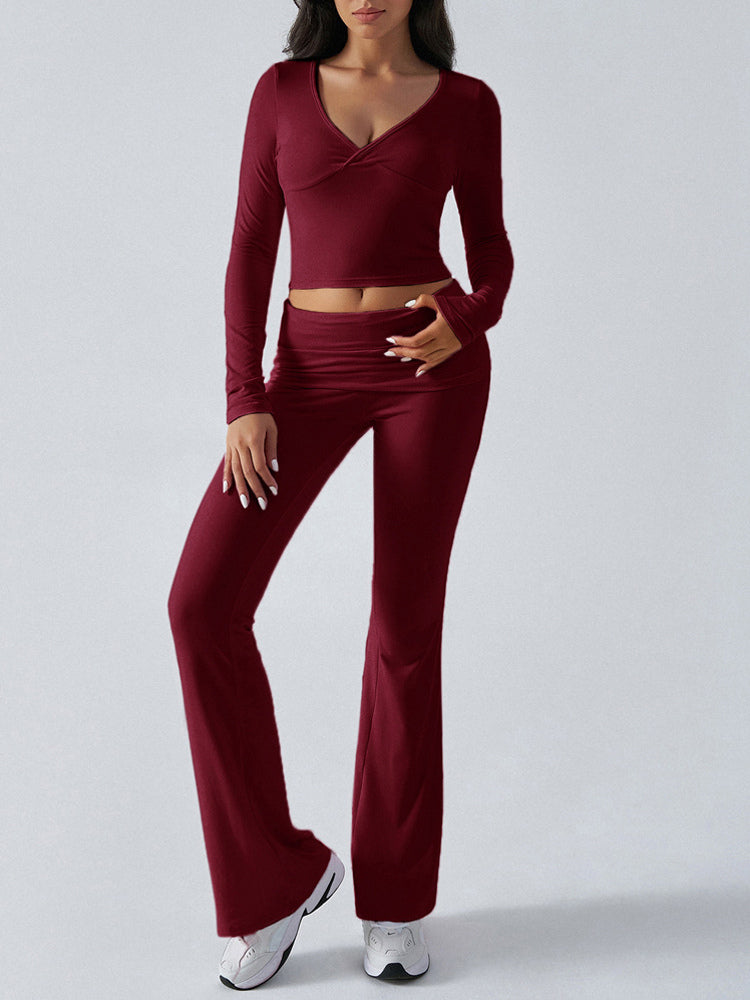 Long Sleeve Two Piece Outfits For Women - V Neck Slim Fit Crop Top And Flared Pants Yoga Set - Spring Gym Lounge 2026