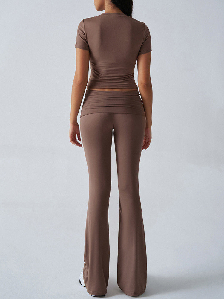 Yoga Sets Two Piece Outfits For Women - Slim Fit Short Sleeve Crop Top And Flared Pants - Summer Activewear Lounge 2026