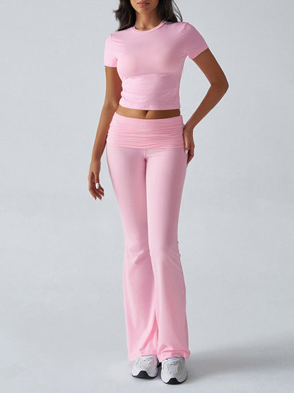 Yoga Sets Two Piece Outfits For Women - Slim Fit Short Sleeve Crop Top And Flared Pants - Summer Activewear Lounge 2026