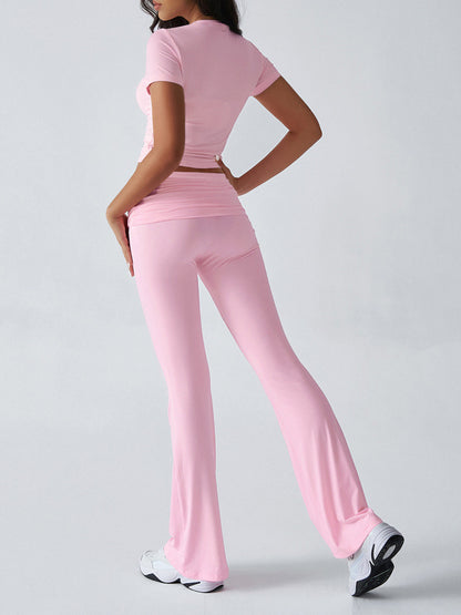 Yoga Sets Two Piece Outfits For Women - Slim Fit Short Sleeve Crop Top And Flared Pants - Summer Activewear Lounge 2026