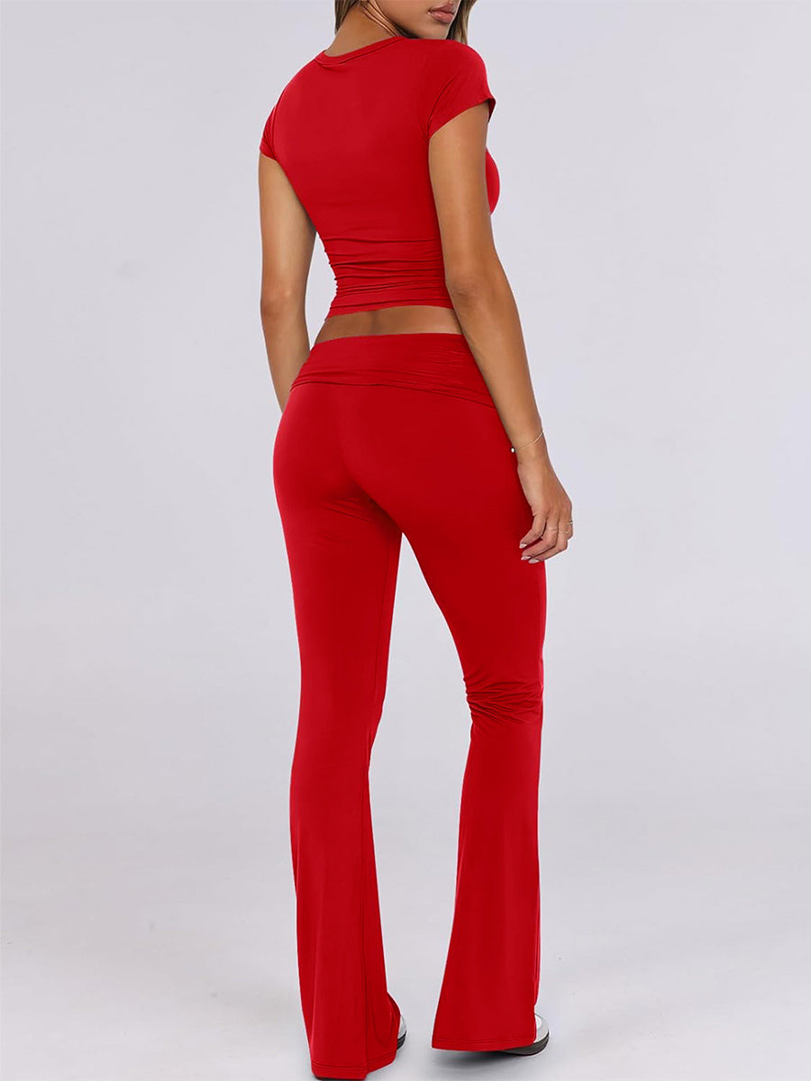 Yoga Sets Two Piece Outfits For Women - Slim Fit Short Sleeve Crop Top And Flared Pants - Summer Activewear Lounge 2026