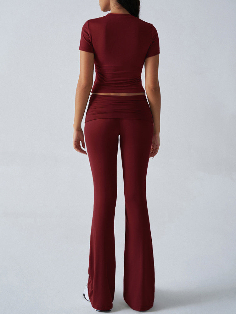 Yoga Sets Two Piece Outfits For Women - Slim Fit Short Sleeve Crop Top And Flared Pants - Summer Activewear Lounge 2026