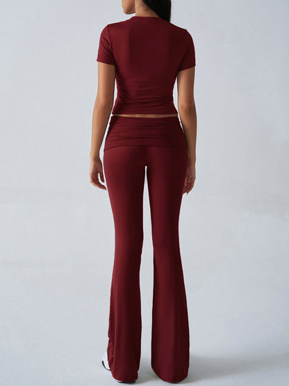 Yoga Sets Two Piece Outfits For Women - Slim Fit Short Sleeve Crop Top And Flared Pants - Summer Activewear Lounge 2026