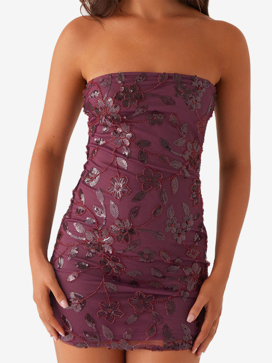 Sequin Floral Strapless Mini Dress For Women - Elegant Bodycon Slim Fit Tube Dress - Summer Cocktail Night Out 2026