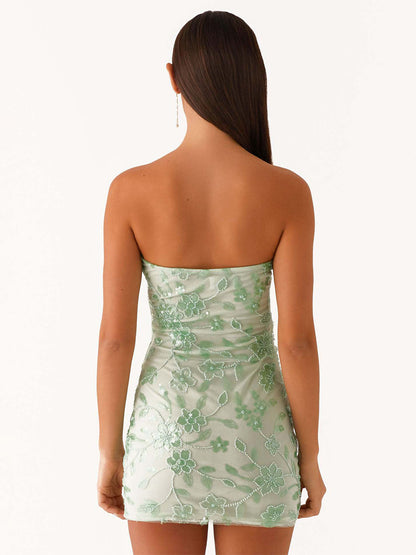 Sequin Floral Strapless Mini Dress For Women - Elegant Bodycon Slim Fit Tube Dress - Summer Cocktail Night Out 2026