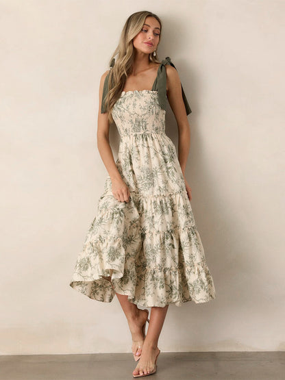 Floral Smocked Midi Dress For Women - Sage Green Boho Tie Shoulder Tiered Ruffle A-Line Sun Dress - Summer Beach Vacation 2026