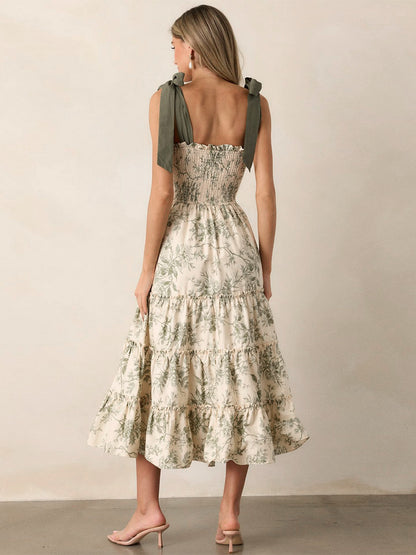 Floral Smocked Midi Dress For Women - Sage Green Boho Tie Shoulder Tiered Ruffle A-Line Sun Dress - Summer Beach Vacation 2026