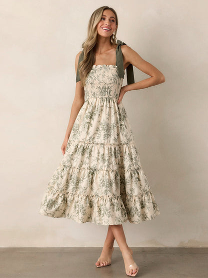 Floral Smocked Midi Dress For Women - Sage Green Boho Tie Shoulder Tiered Ruffle A-Line Sun Dress - Summer Beach Vacation 2026