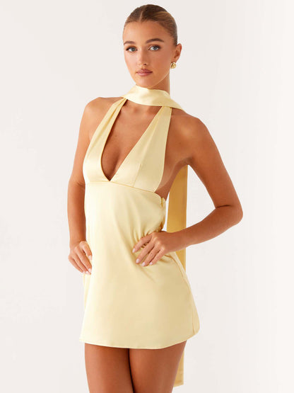 Satin Halter Mini Dress For Women - Backless Deep V Neck Short Gown With Scarf - Summer Cocktail Club 2026