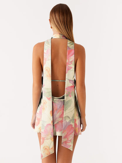 Satin Halter Mini Dress For Women - Backless Deep V Neck Short Gown With Scarf - Summer Cocktail Club 2026