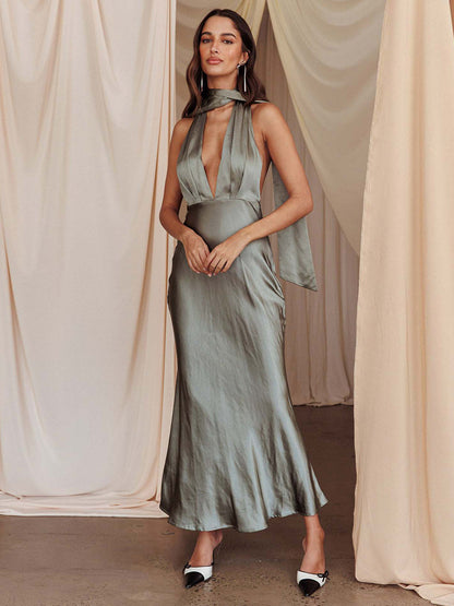Satin Halter Maxi Dress For Women - Elegant Backless Deep V Neck Mermaid Gown With Scarf - Summer Wedding Guest 2026