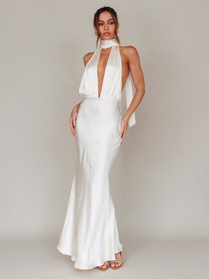 Satin Halter Maxi Dress For Women - Elegant Backless Deep V Neck Mermaid Gown With Scarf - Summer Wedding Guest 2026