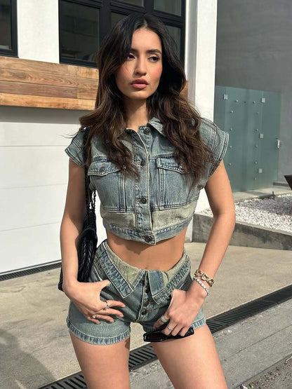 Denim 2 Piece Set For Women - Wash Blue Y2K Crop Top And Foldover Waist Shorts - Summer Streetwear 2026