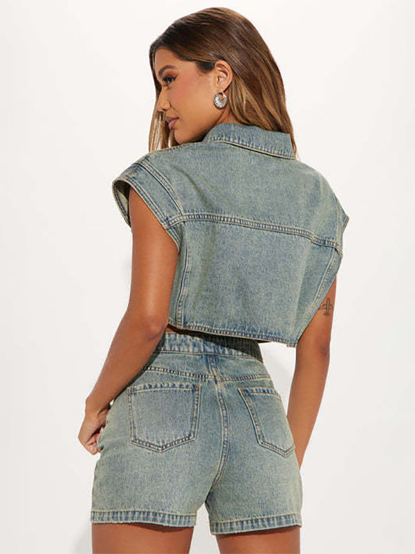 Denim 2 Piece Set For Women - Wash Blue Y2K Crop Top And Foldover Waist Shorts - Summer Streetwear 2026