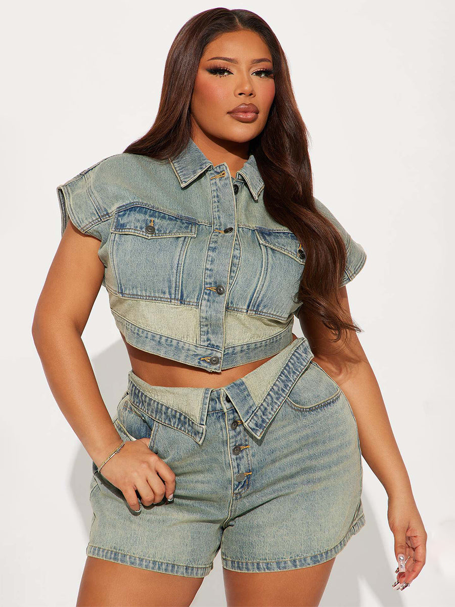 Denim 2 Piece Set For Women - Wash Blue Y2K Crop Top And Foldover Waist Shorts - Summer Streetwear 2026