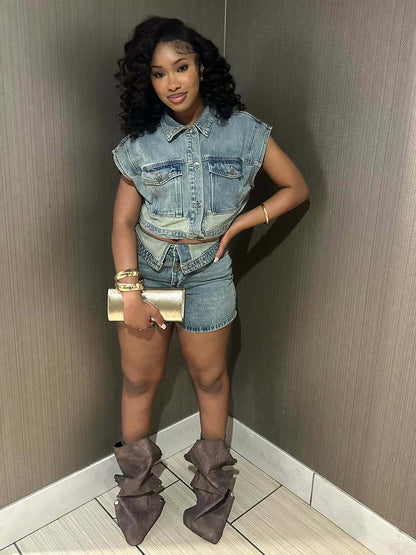 Denim 2 Piece Set For Women - Wash Blue Y2K Crop Top And Foldover Waist Shorts - Summer Streetwear 2026