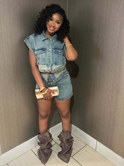 Denim 2 Piece Set For Women - Wash Blue Y2K Crop Top And Foldover Waist Shorts - Summer Streetwear 2026