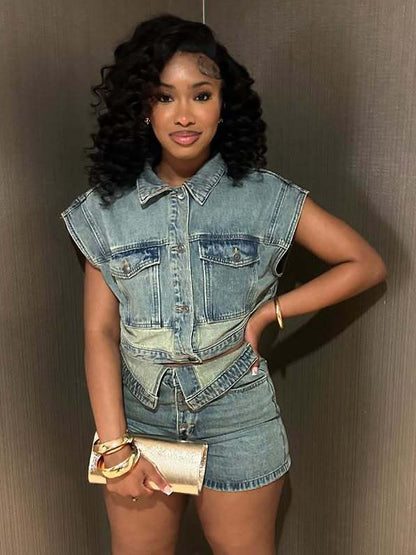 Denim 2 Piece Set For Women - Wash Blue Y2K Crop Top And Foldover Waist Shorts - Summer Streetwear 2026