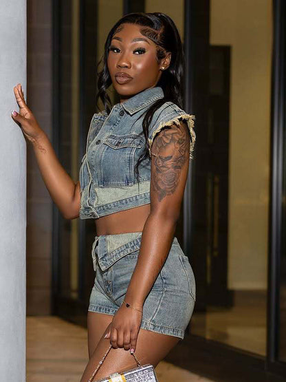 Denim 2 Piece Set For Women - Wash Blue Y2K Crop Top And Foldover Waist Shorts - Summer Streetwear 2026