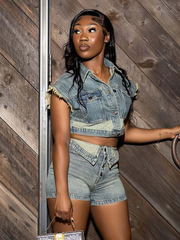 Denim 2 Piece Set For Women - Wash Blue Y2K Crop Top And Foldover Waist Shorts - Summer Streetwear 2026