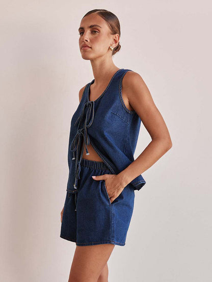 Denim 2 Piece Set For Women - Blue Casual Tie Front Sleeveless Top And Shorts Co-ord - Summer Streetwear Outfits 2026