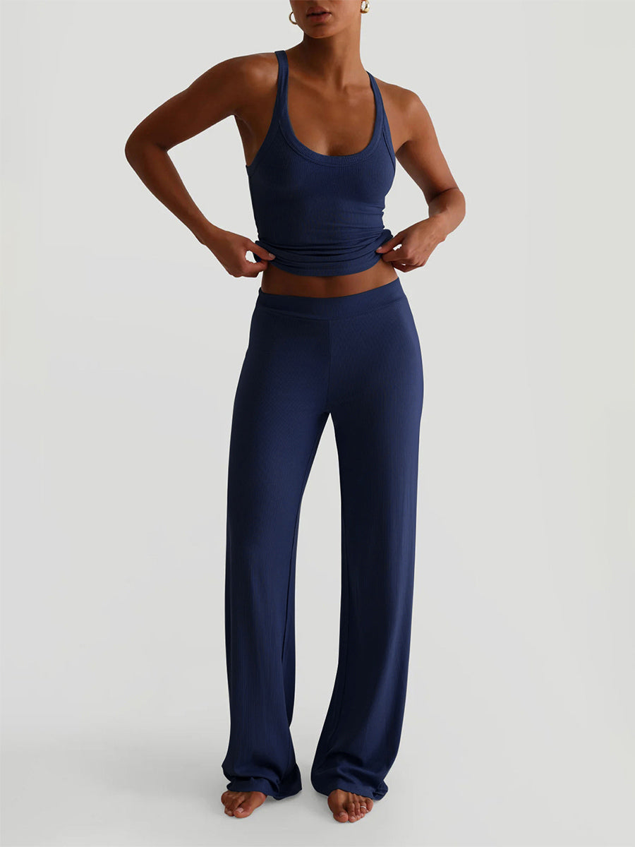 Ribbed 2 Piece Lounge Set For Women - Casual Sleeveless Tank Top And Wide Leg Pants Co-ord - Summer Relaxed Fit Outfits 2026