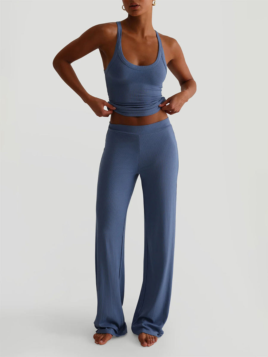 Ribbed 2 Piece Lounge Set For Women - Casual Sleeveless Tank Top And Wide Leg Pants Co-ord - Summer Relaxed Fit Outfits 2026
