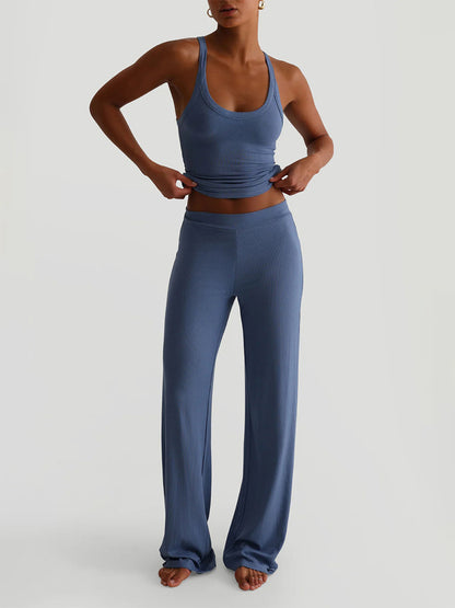 Ribbed 2 Piece Lounge Set For Women - Casual Sleeveless Tank Top And Wide Leg Pants Co-ord - Summer Relaxed Fit Outfits 2026