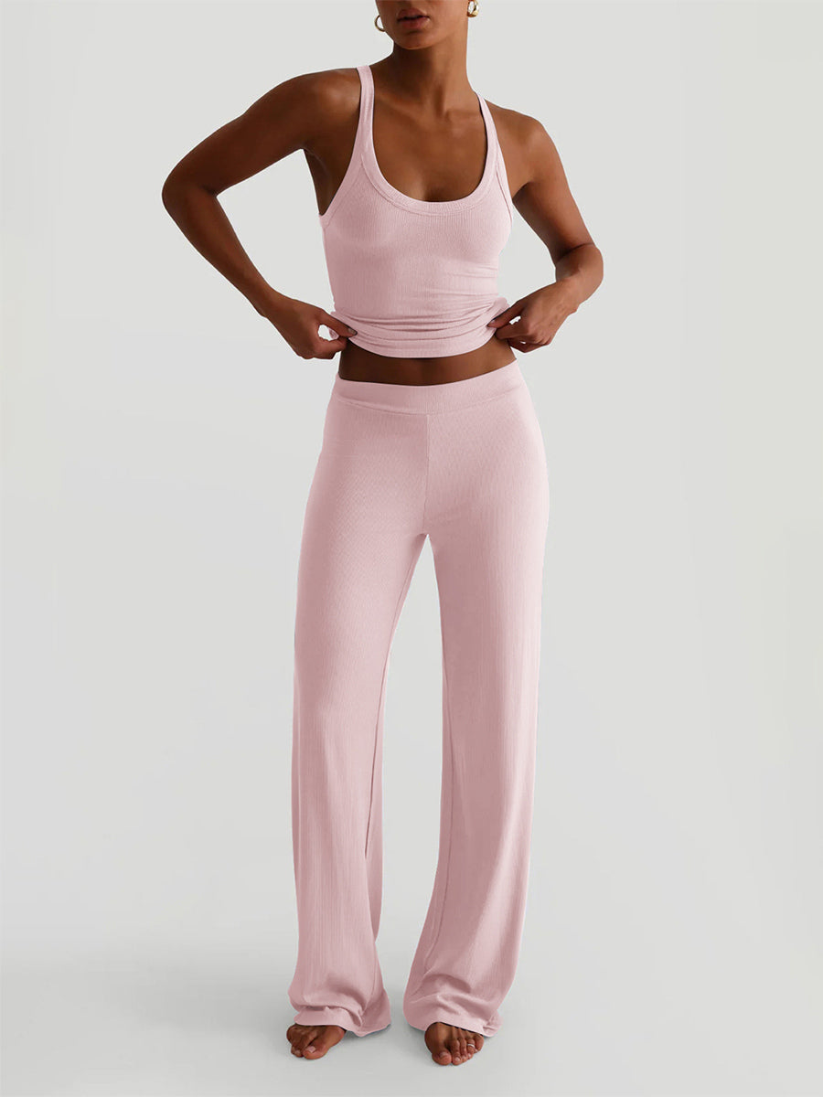 Ribbed 2 Piece Lounge Set For Women - Casual Sleeveless Tank Top And Wide Leg Pants Co-ord - Summer Relaxed Fit Outfits 2026