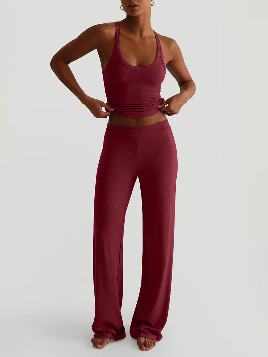 Ribbed 2 Piece Lounge Set For Women - Casual Sleeveless Tank Top And Wide Leg Pants Co-ord - Summer Relaxed Fit Outfits 2026