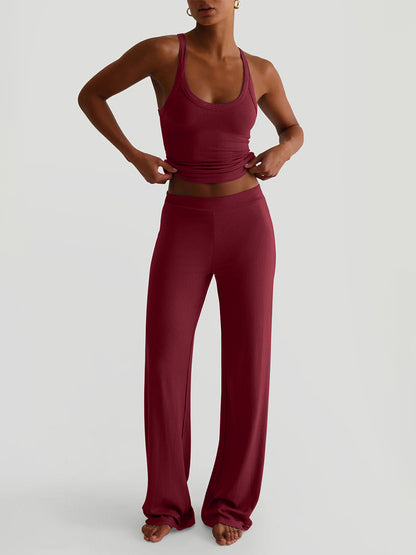 Ribbed 2 Piece Lounge Set For Women - Casual Sleeveless Tank Top And Wide Leg Pants Co-ord - Summer Relaxed Fit Outfits 2026