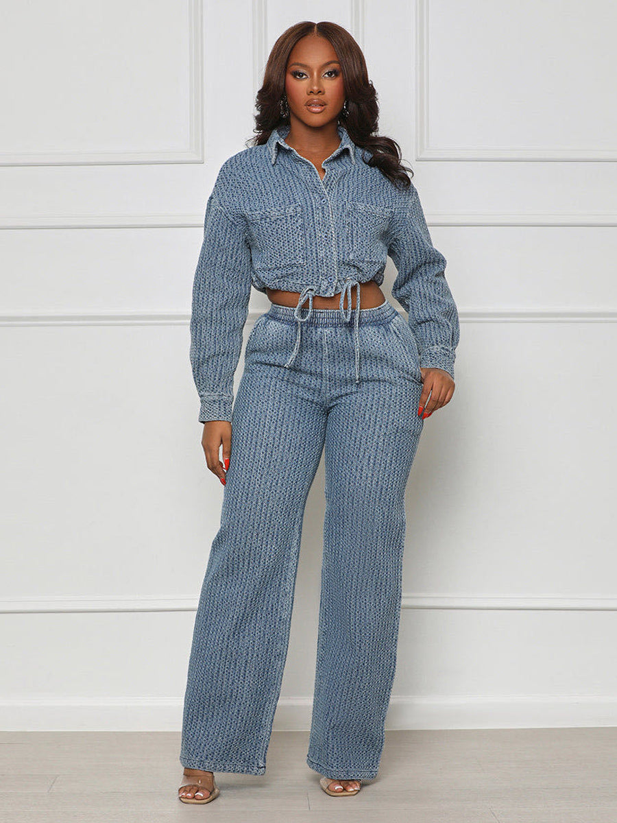Textured Denim Two Piece Set For Women - Blue Casual Cropped Drawstring Shirt And Wide Leg Pants - Spring Streetwear 2026