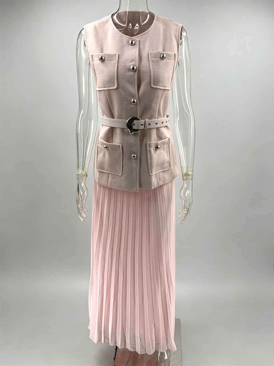 Sleeveless 2 Piece Set For Women - Old Money Belted Vest And Pleated Maxi Dress - Spring Casual Event 2026