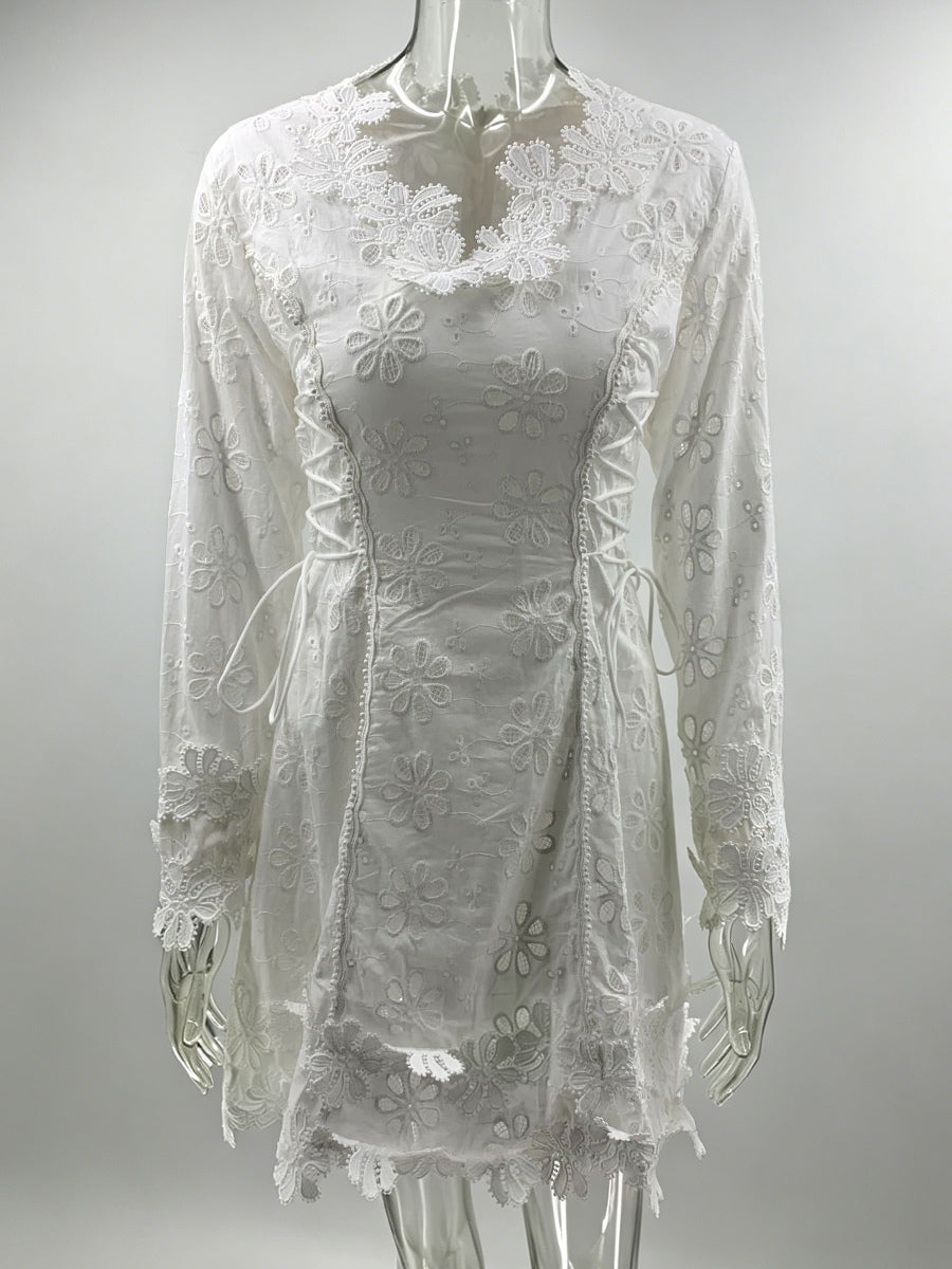 White Eyelet Lace Mini Dress For Women - Boho V Neck Long Sleeve Side Lace-up Fit And Flare Dress - Spring Resort 2026